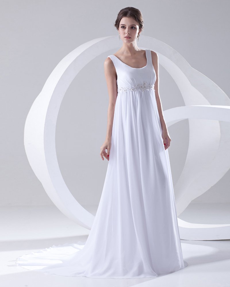 Round Neck Sleeveless Zipper Beading Ruffle Floor Length Woman Empire Wedding Dress