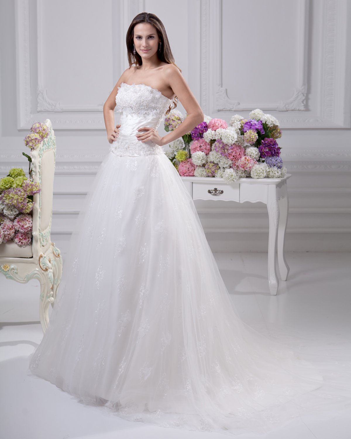 Sash Satin Court Empire Bridal Gown Wedding Dress