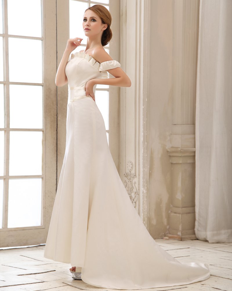 Satin Pleated Off Shoulder Empire Wedding Dress
