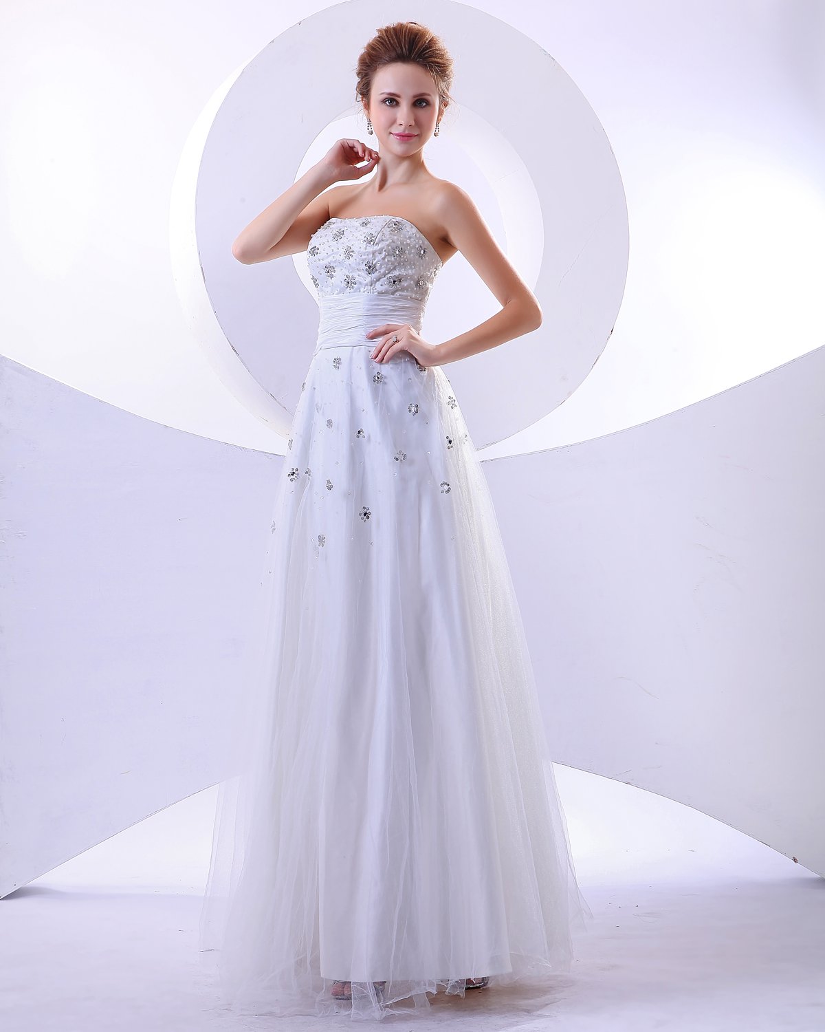 Satin Tulle Ruffles Sleeveless Beading Empire Wedding Dress
