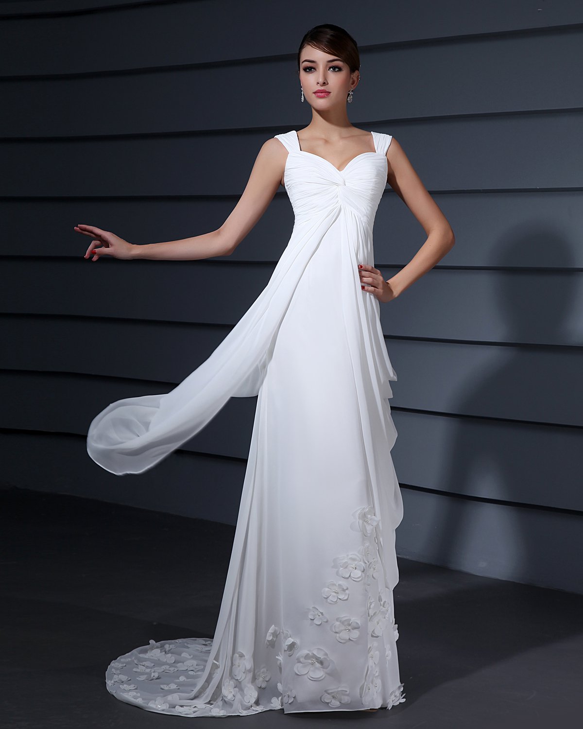Shoulder Straps Applique Ruffle Floor Length Chiffon Woman Empire Wedding Dress