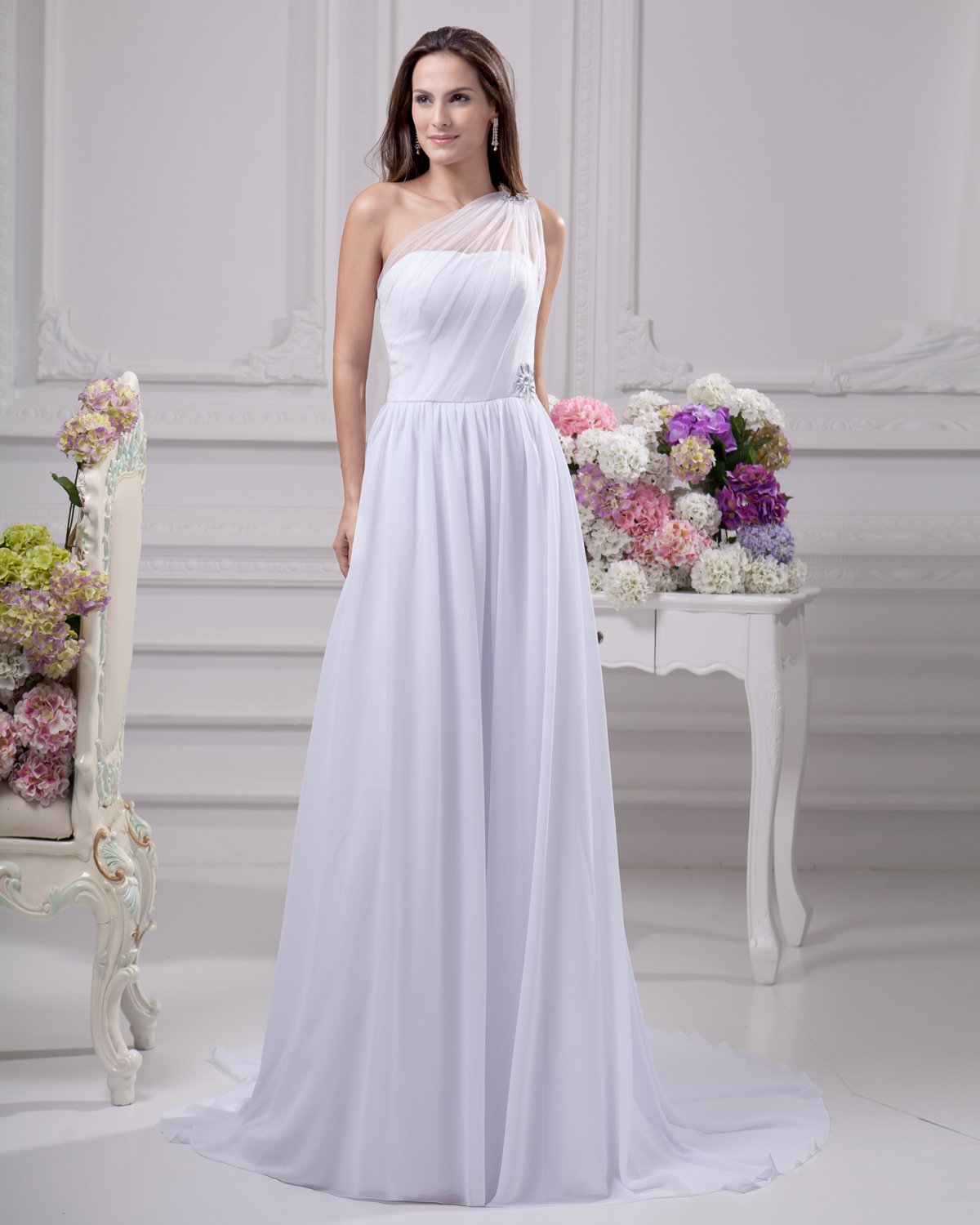 Sloping Floor Length Beading Pleated Chiffon Women Empire Wedding Dress