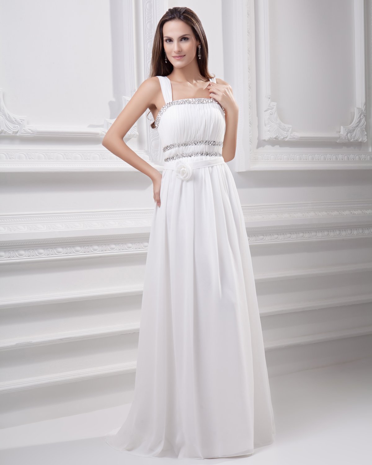 Spaghetti Straps Floor Length Beading Pleated Chiffon Empire Wedding Dress