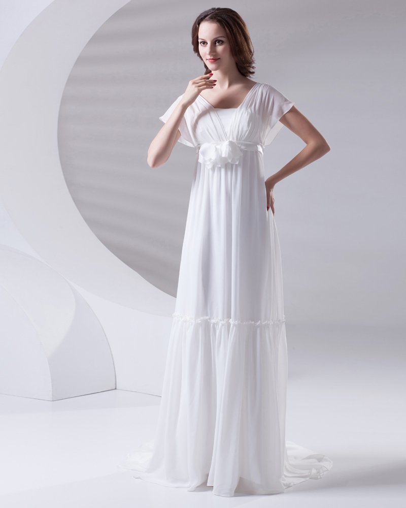 Square Pleated Floor Length Chiffon Woman Empire Wedding Dress