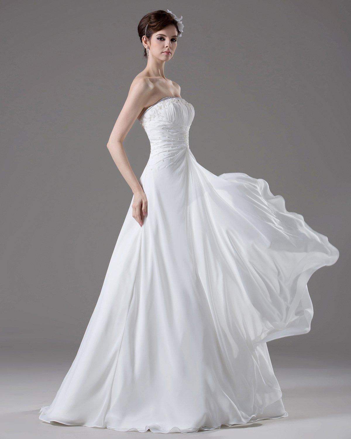 Strapless Beading Pleated Floor Length Chiffon Empire Wedding Dress