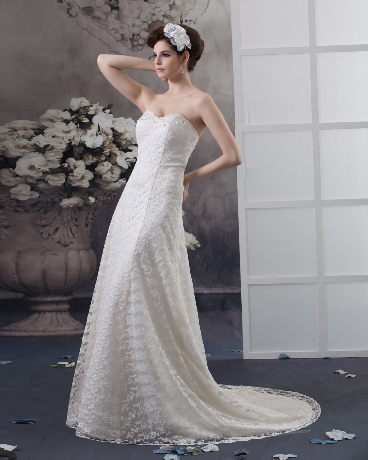 Sweetheart Beading Floor Length Lace Empire Wedding Dress