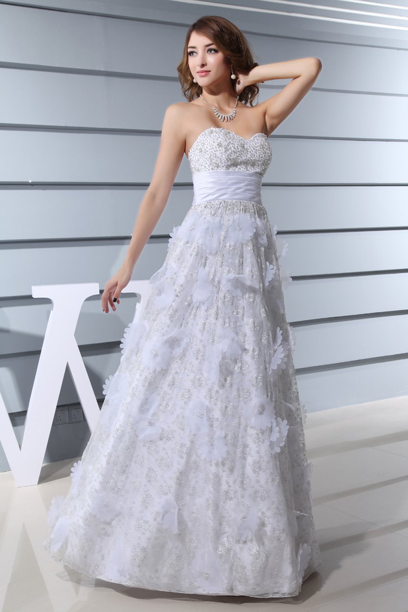 Sweetheart Sleeveless Backless Applique Beading Floor Length Lace Satin Silk Woman Empire Wedding Dr