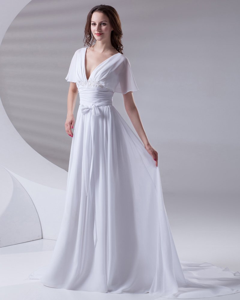 V Neck Ruffle Floor Length Chiffon Woman Empire Wedding Dress