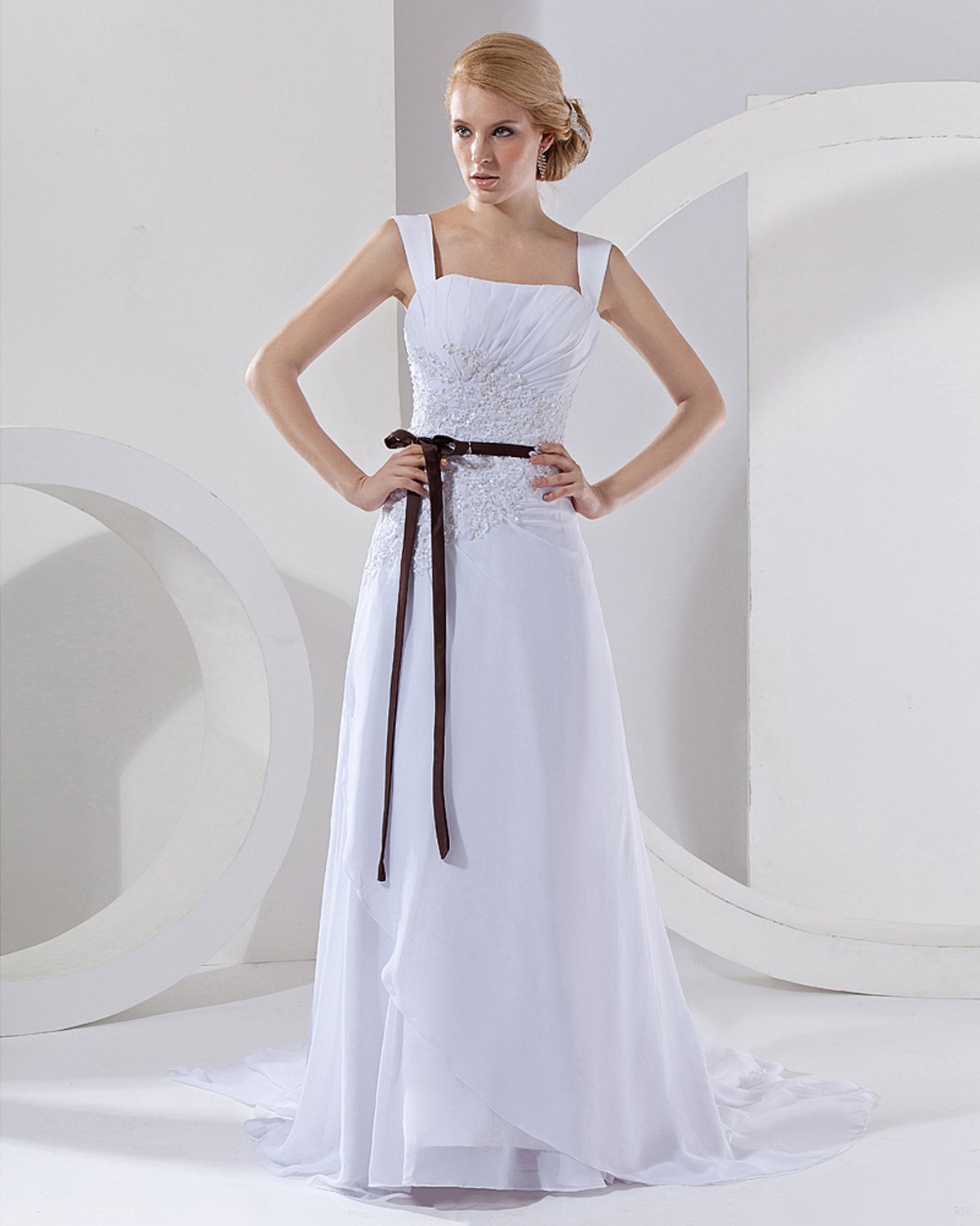 Wasit Strap Square Court A-Line Bridal Gown Wedding Dress