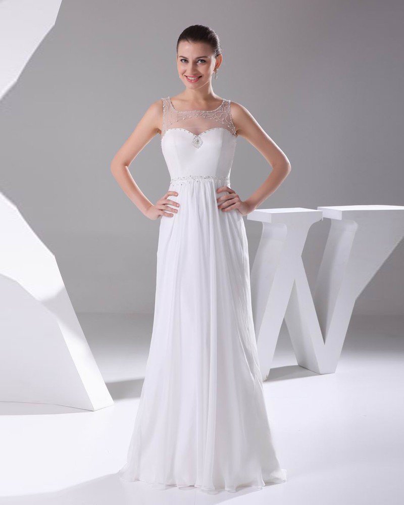 Elegant Chiffon Charmeuse Tulle Beading Square Neck Floor Length Women Wedding Dress