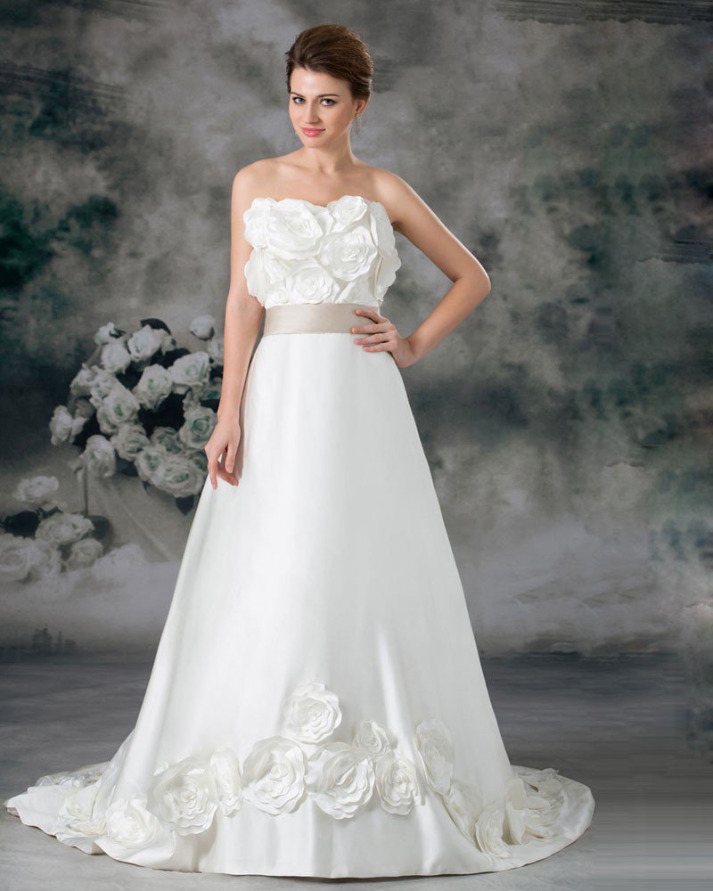Strapless Flower Floor Length Court Train Satin Empire Wedding Dress
