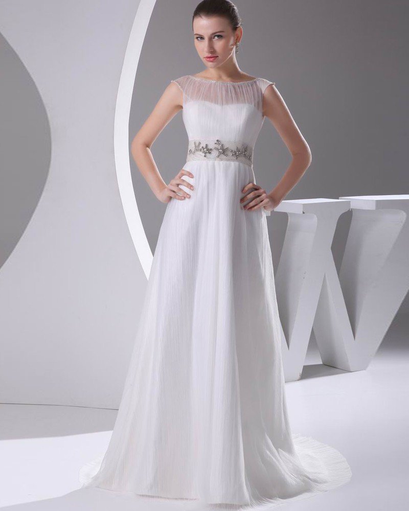 Elegant Satin Tulle Pleated Rhinestones Bateau Floor Length Wedding Dress
