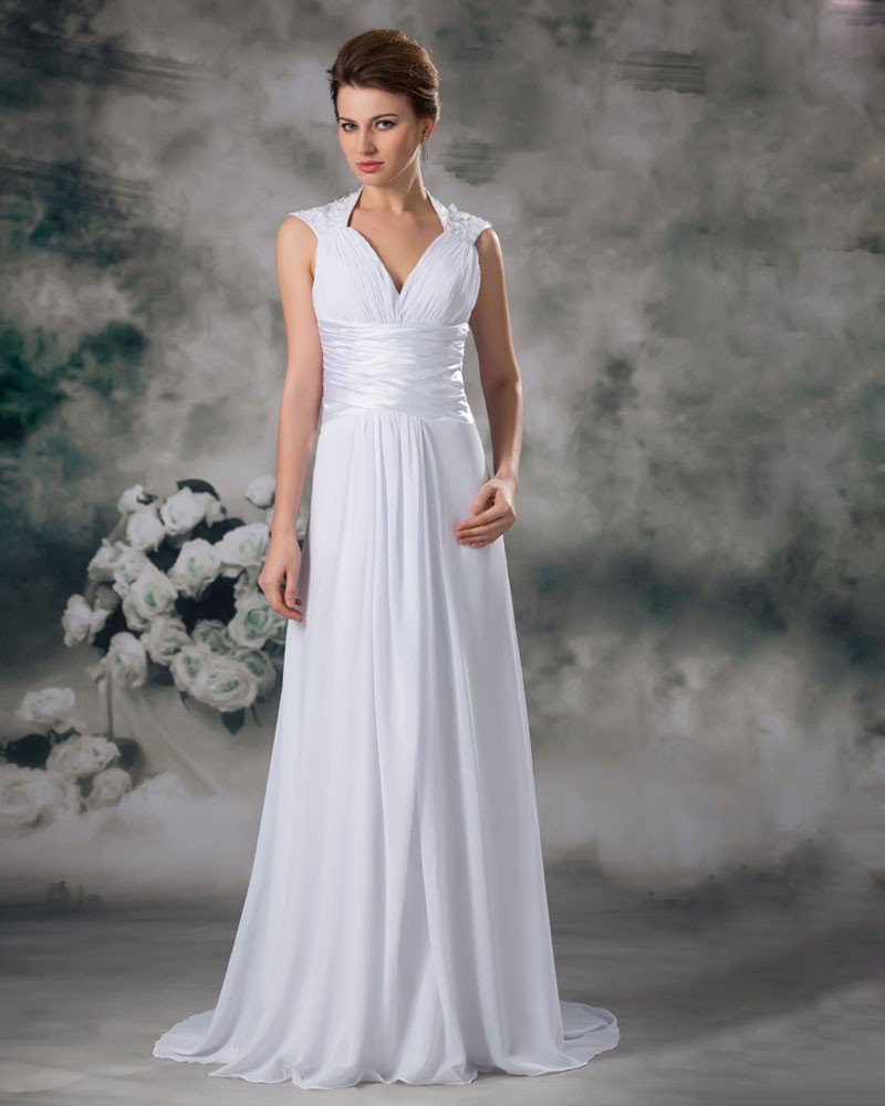 V Neck Pleated Applique Floor Length Chiffon Empire Wedding Dress