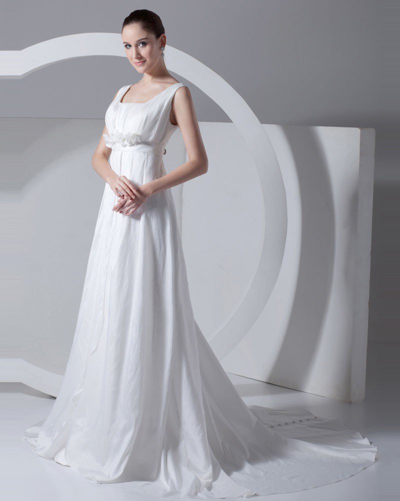 Square Neck Pleated Beading Floor Length Taffeta Empire Wedding Dress