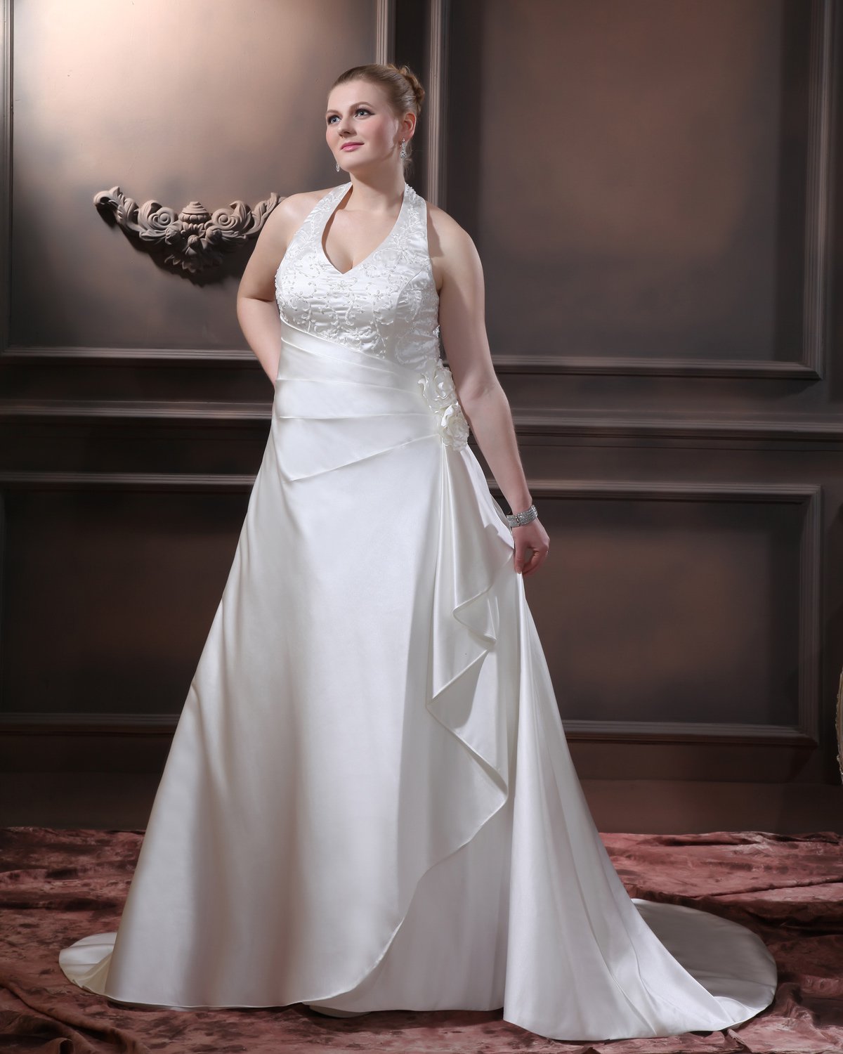 Satin Beading Ruffles V Neck Court Plus Size Bridal Gown Wedding Dress