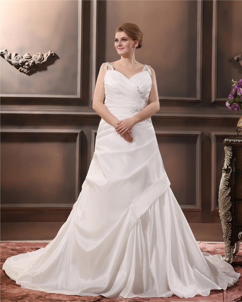 Satin Beading V Neck Court Plus Size Bridal Gown Wedding Dress