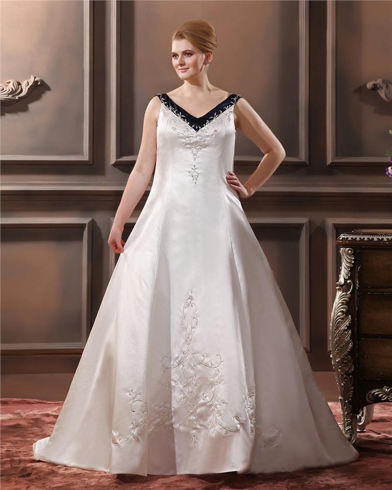 A-Line V Neck Sweep Sleeveless Embroidery Satin Plus Size Wedding Dress