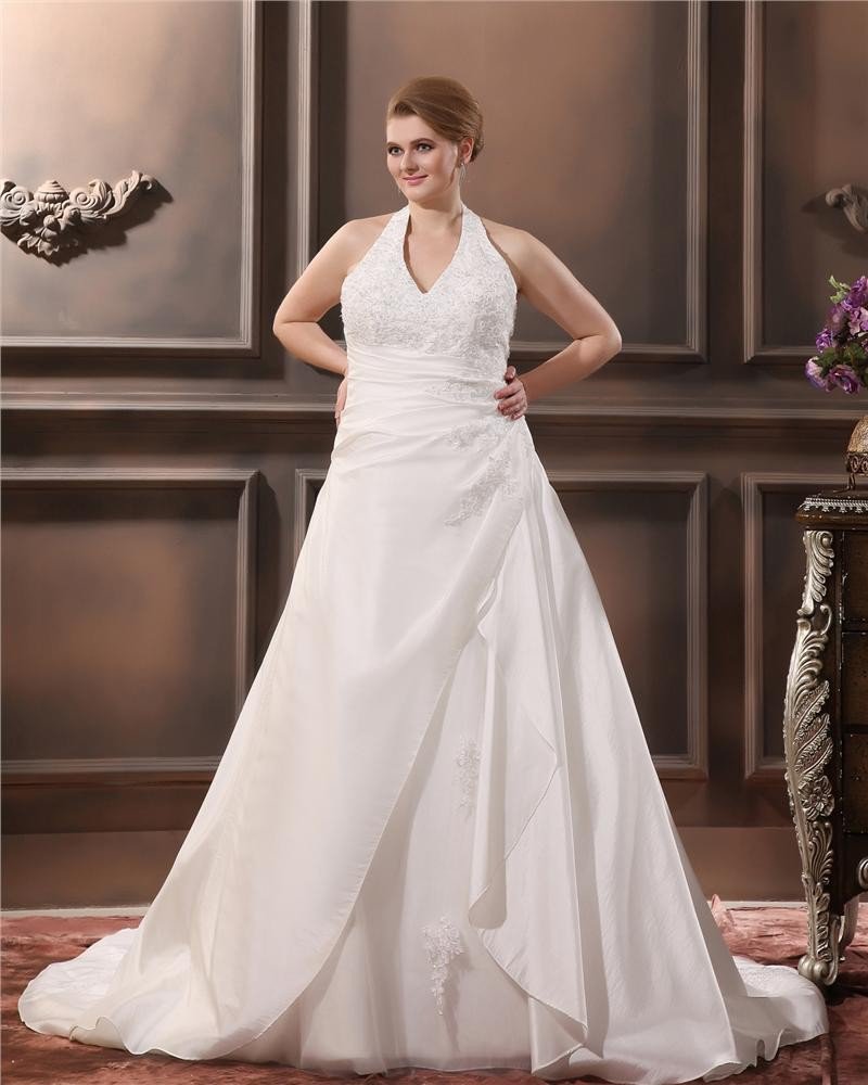 Satin Applique Halter Court Plus Size Bridal Gown Wedding Dresses