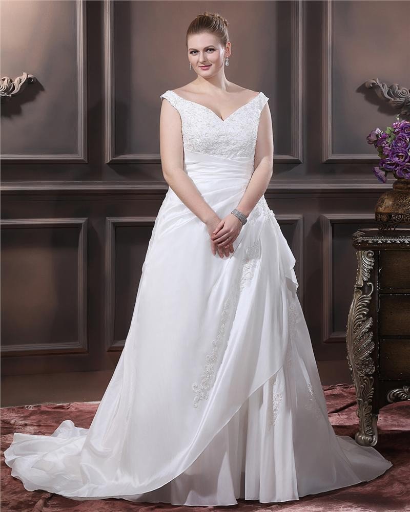 Taffeta Beading Applique V Neck Court Plus Size Bridal Gown Wedding Dress