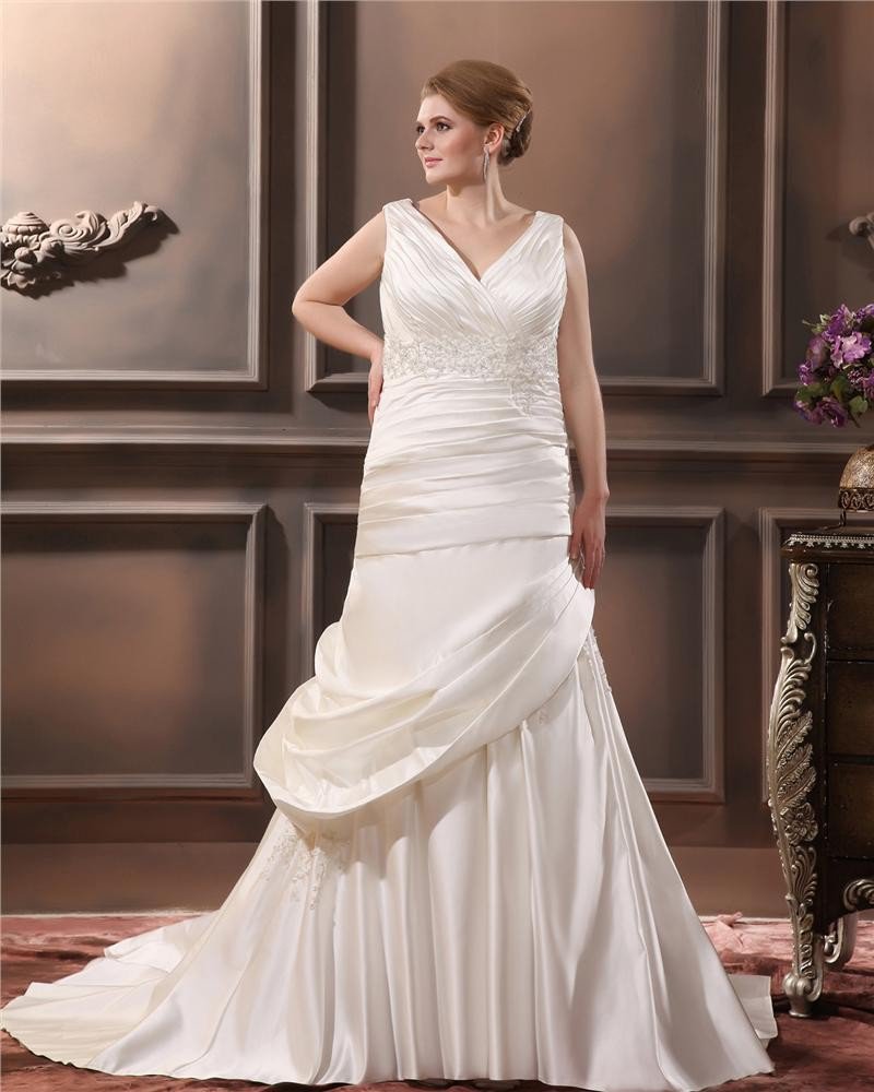 Satin V-Neck Beading Chapel Train Empire Plus Size Wedding Dresses