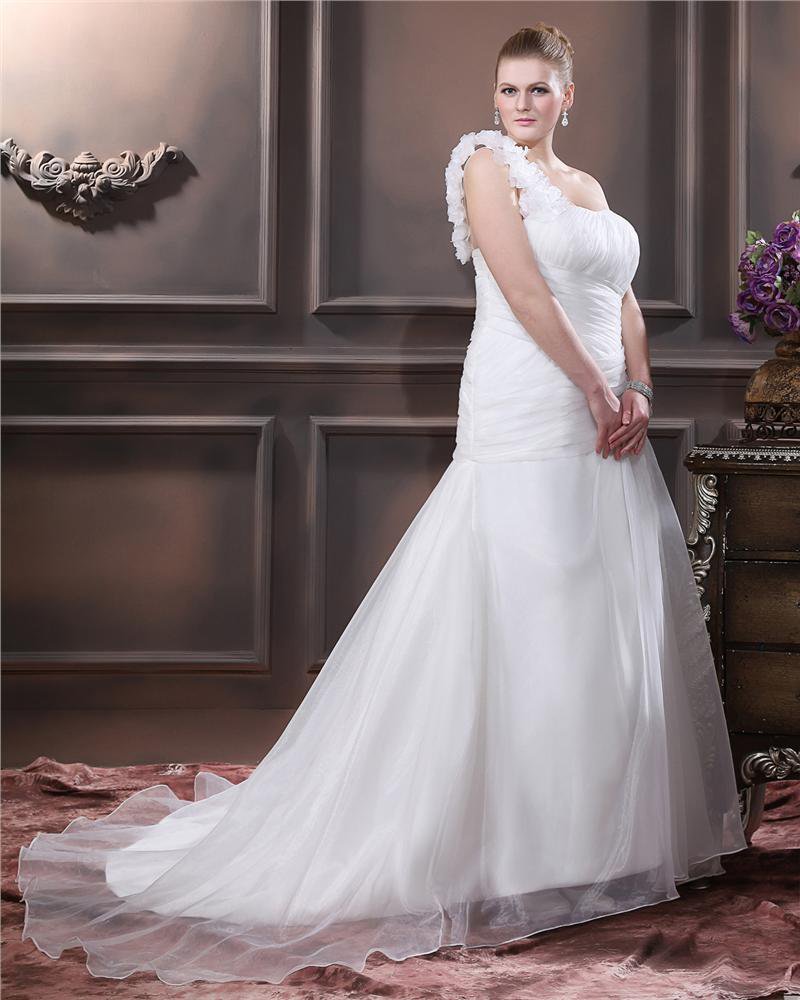 Taffeta Hand Flower Ruffle One Shoulder Plus Size Bridal Gown Wedding Dresses