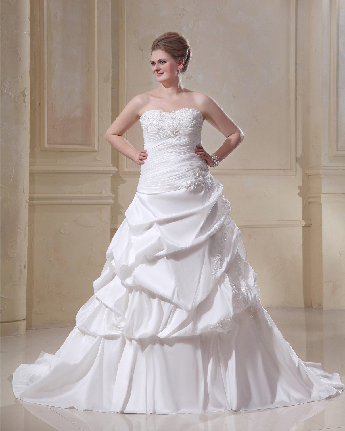 Taffeta Strapless Beading Empire Chapel Train Plus Size Wedding Dresses