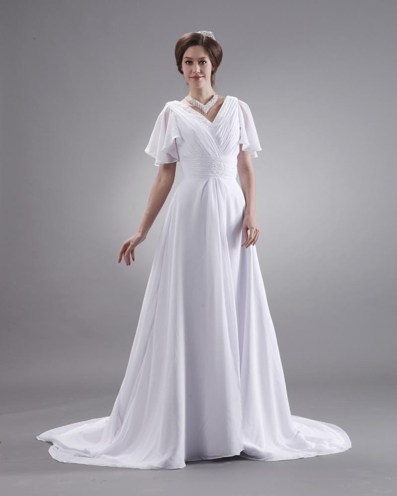 Ruffle V Neck Short Sleeve Court Plus Size Bridal Gown Wedding Dress