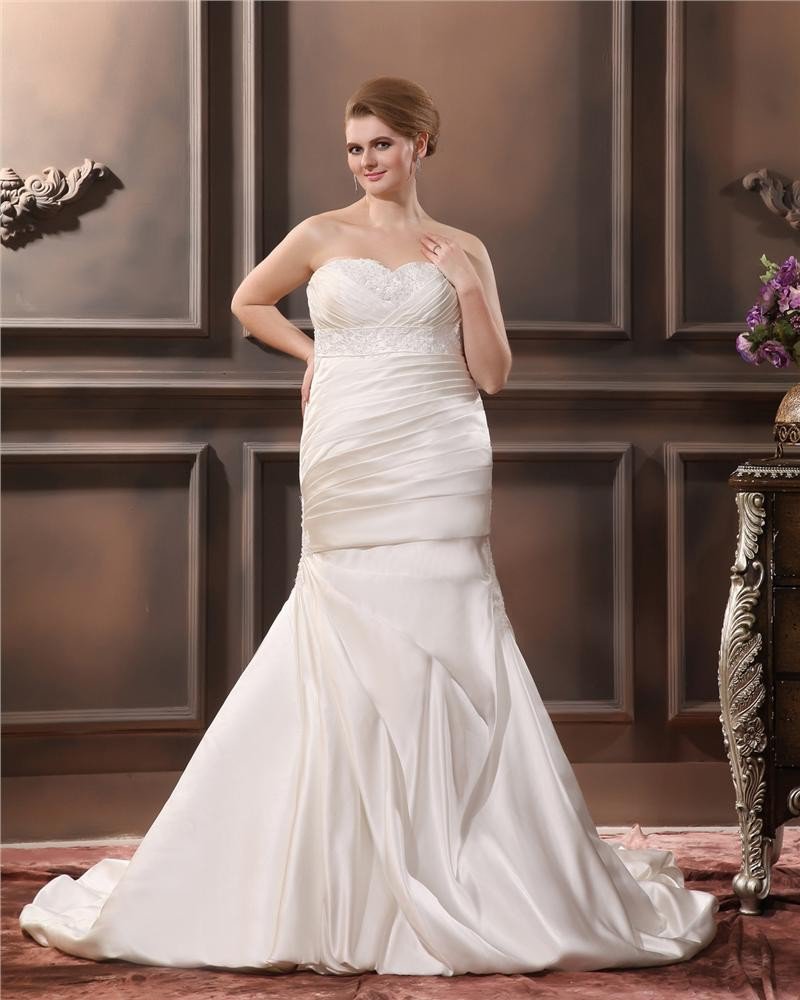 Satin Sweetheart Applique Beading Sheath Sweep Plus Size Wedding Dresses