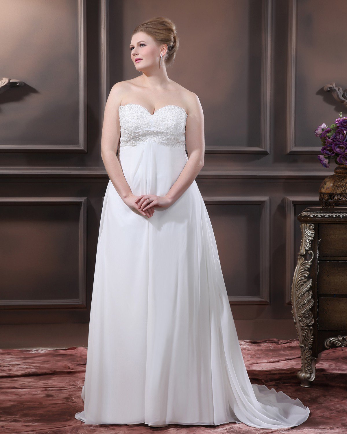 Satin Chiffon Applique Sweetheart Court Plus Size Bridal Gown Wedding Dresses