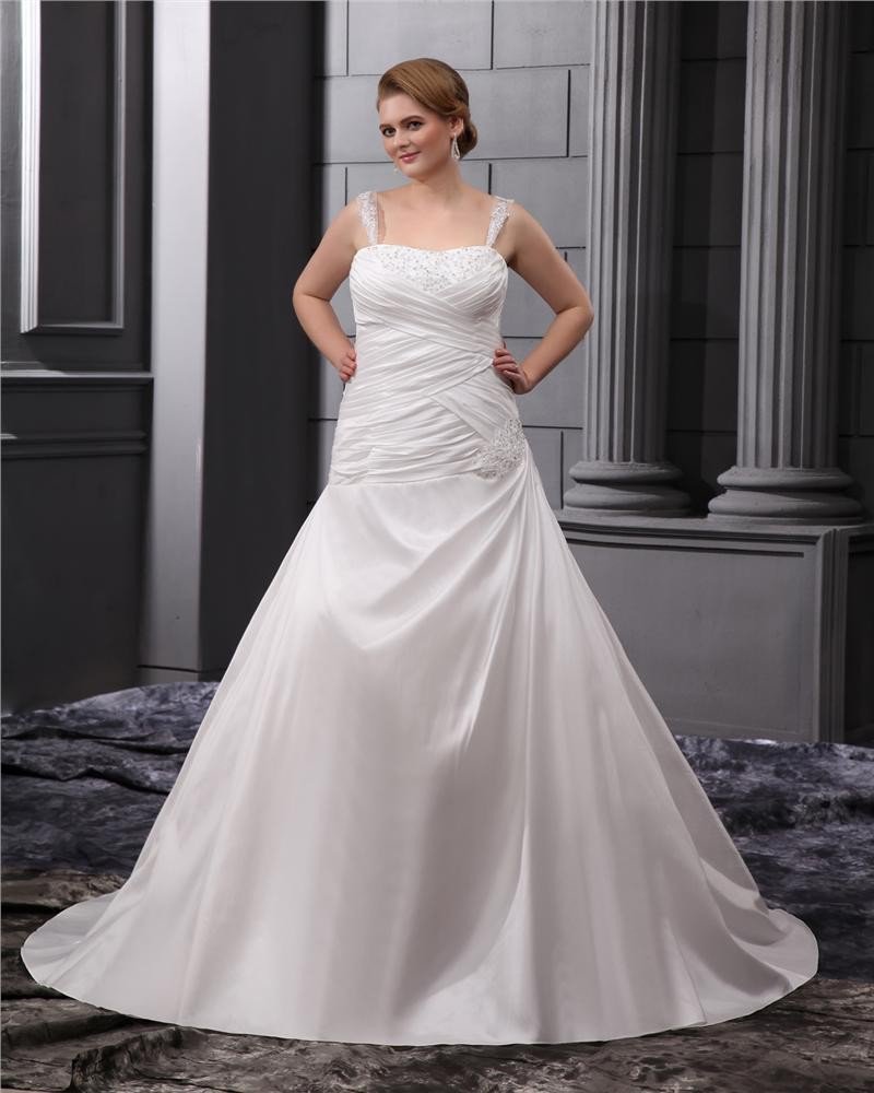 A-Line Square Sleeveless Sweep Satin Chiffon Embroidery Bead Plus Size Wedding Dress