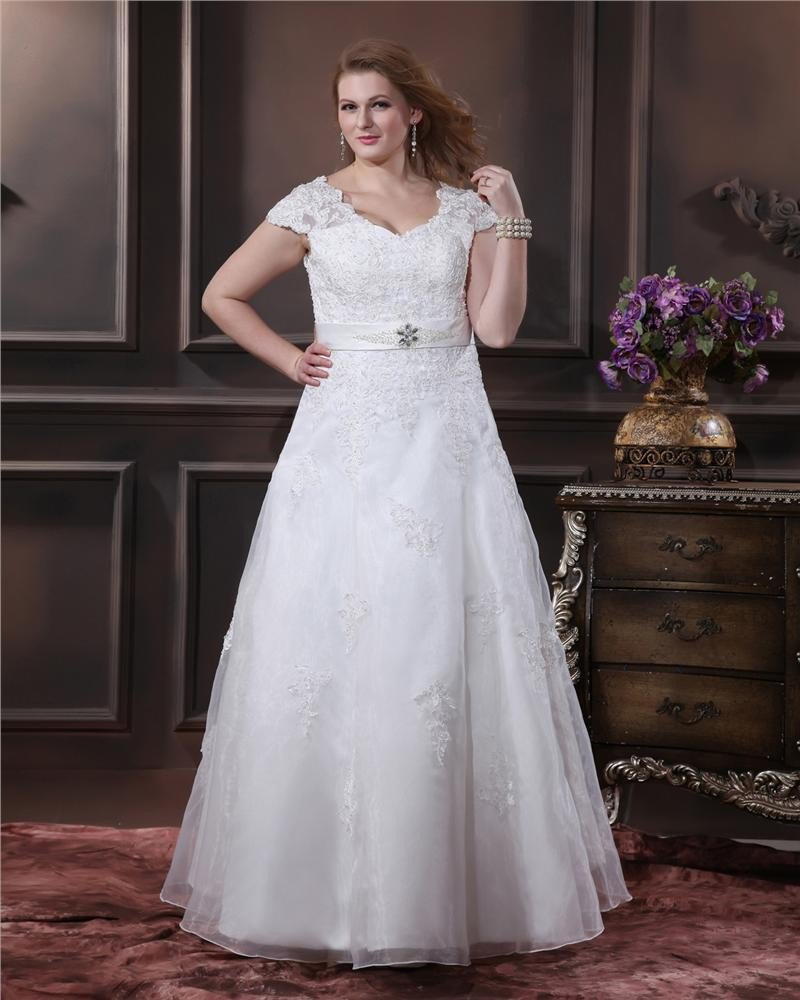 Lace V-Neck Beading Empire Chapel Train Plus Size Wedding Dresses