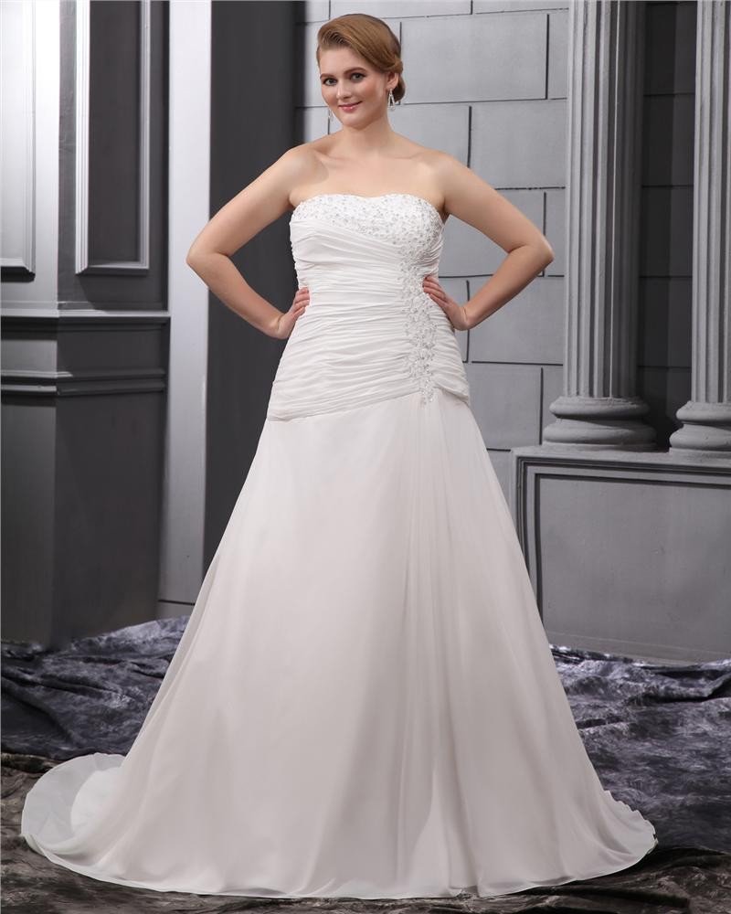 Satin Chiffon Ruffle Embroidery Court Large Size Bridal Gown Wedding Dress