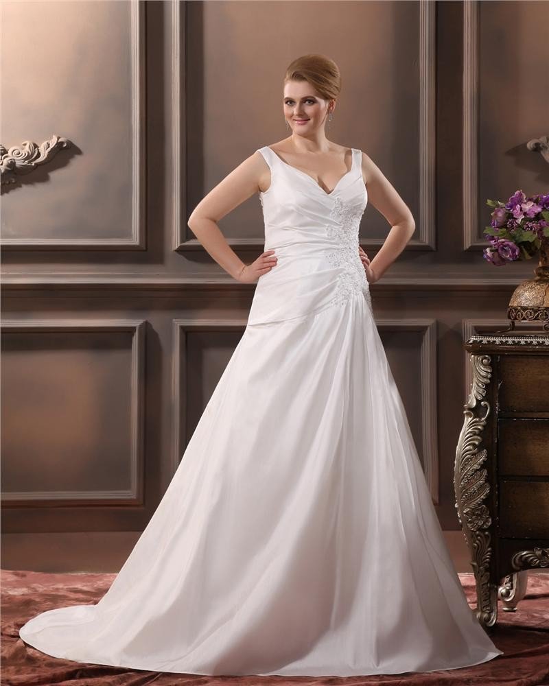 Satin V Neck Applique Court Plus Size Bridal Gown Wedding Dresses