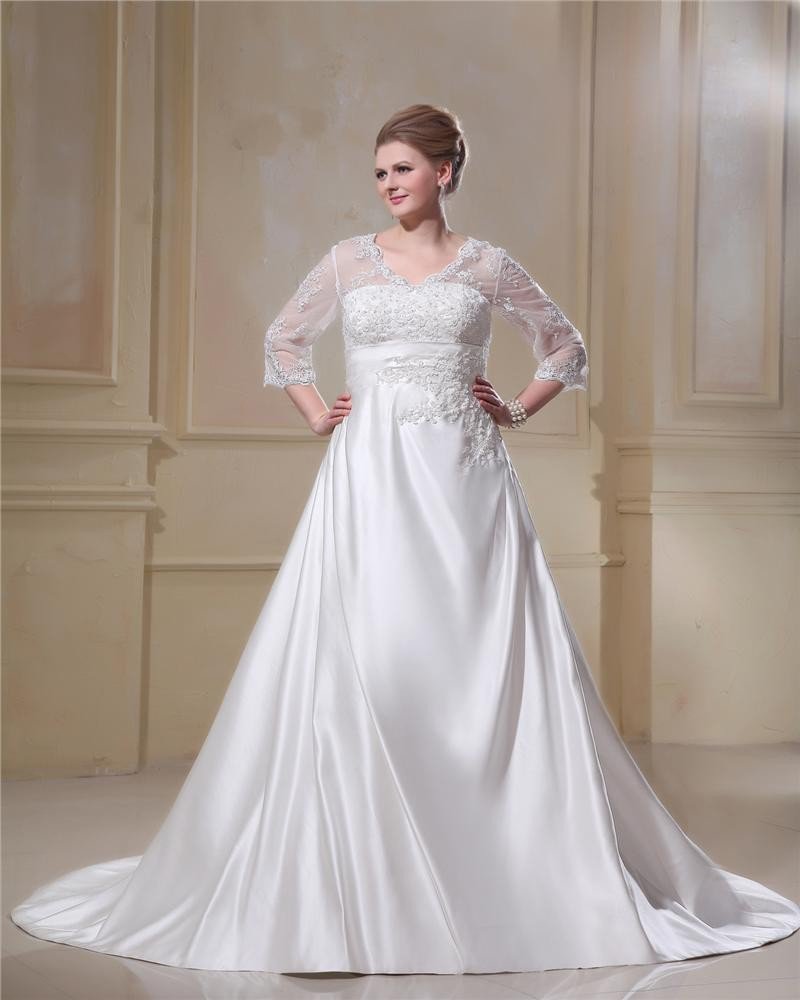 Elegant V-Neck Chapel Train Yarn Satin Plus Size Wedding Dress