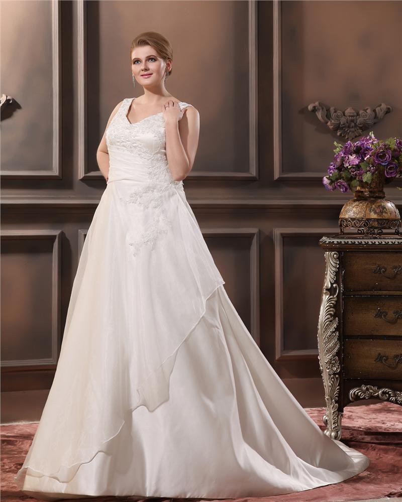 A-Line V Neck Sleeveless Sweep Plus Size Wedding Dress