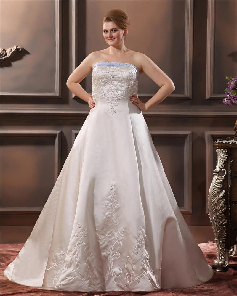 Satin Embroidery Beaded Court Plus Size Bridal Gown Wedding Dress