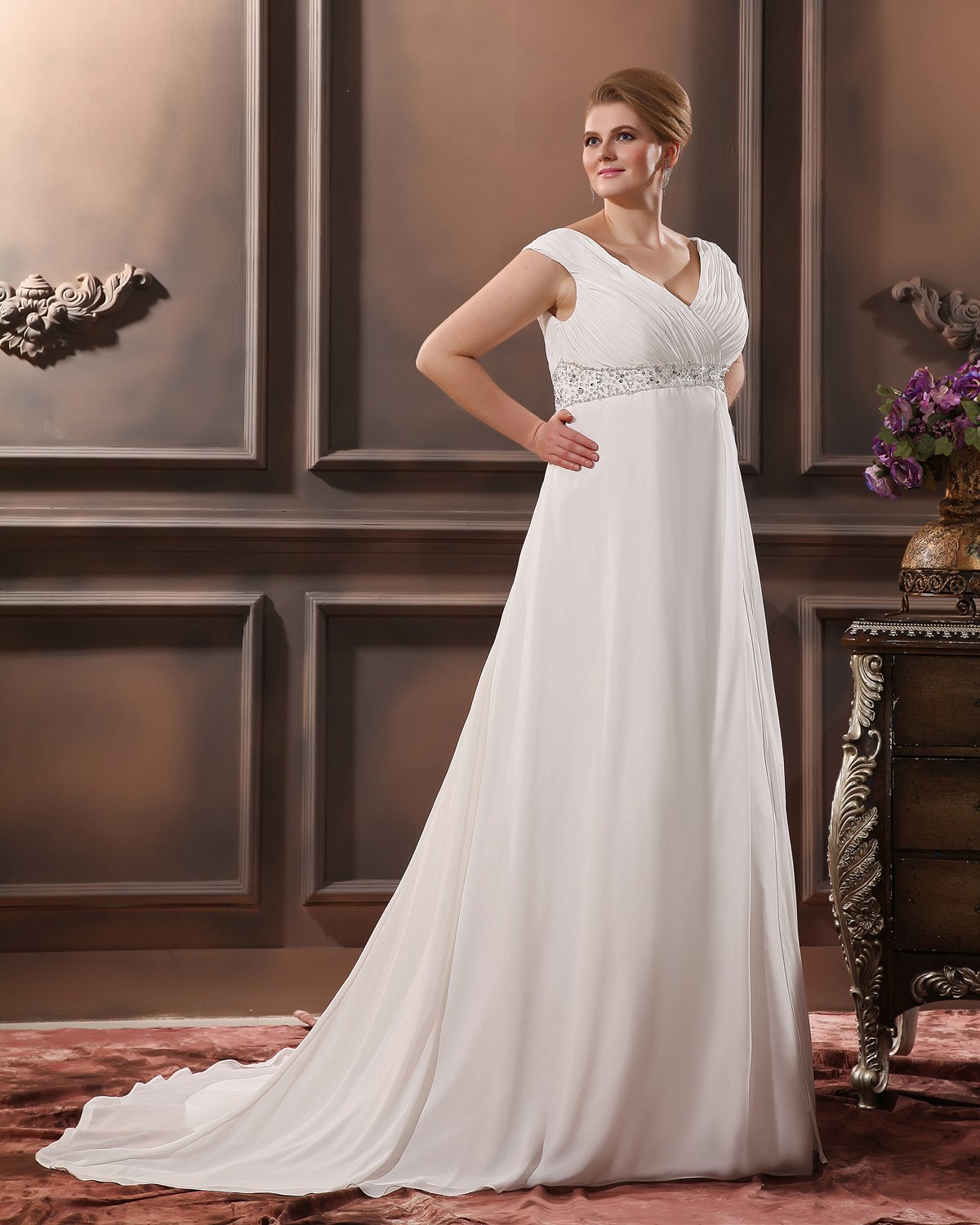 Chiffon Beads Ruffles V Neck Court Plus Size Bridal Gown Wedding Dress