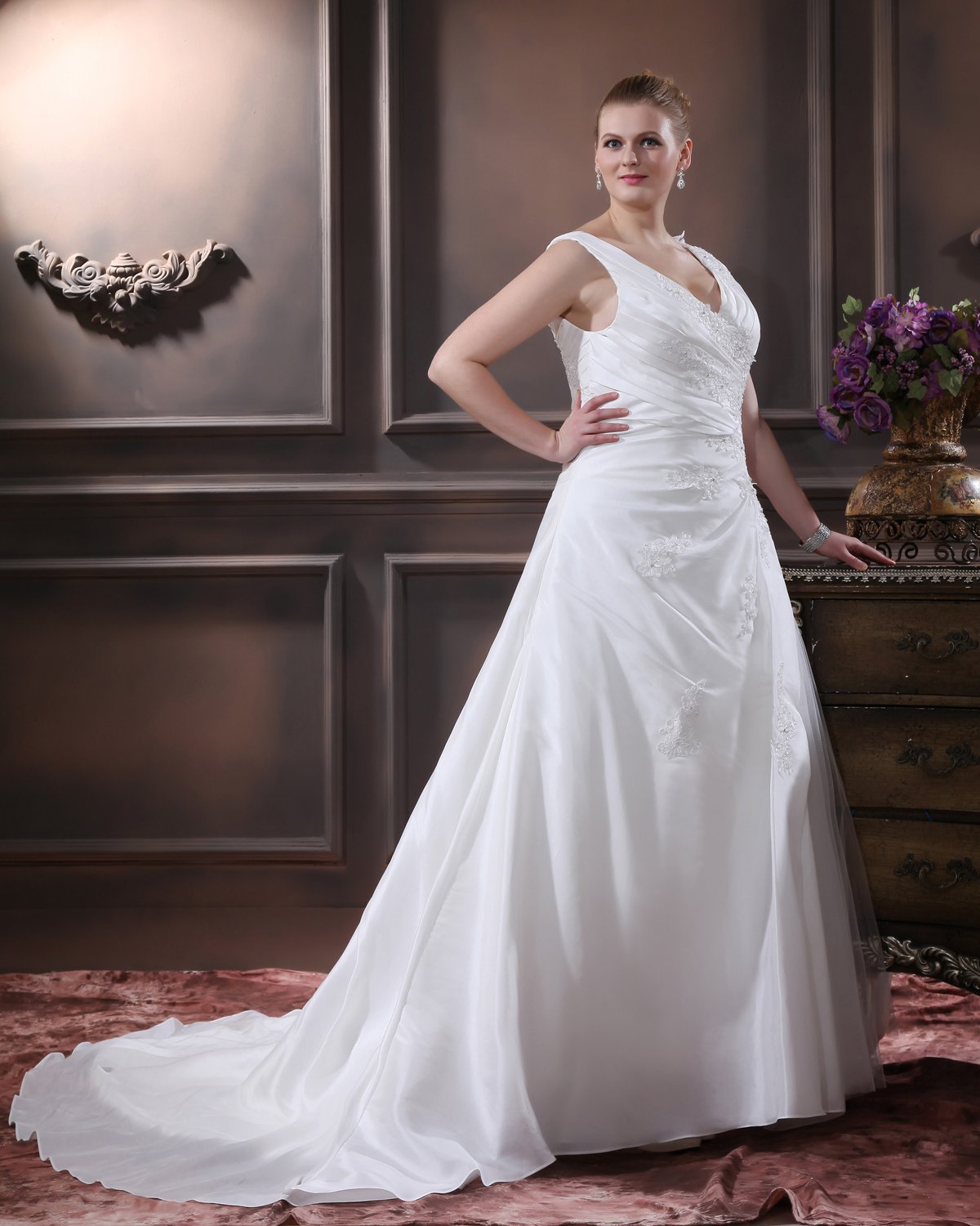 Elegant A-Line V-Neck Sleeveless Floor-Length Satin Plus Size Wedding Dresses