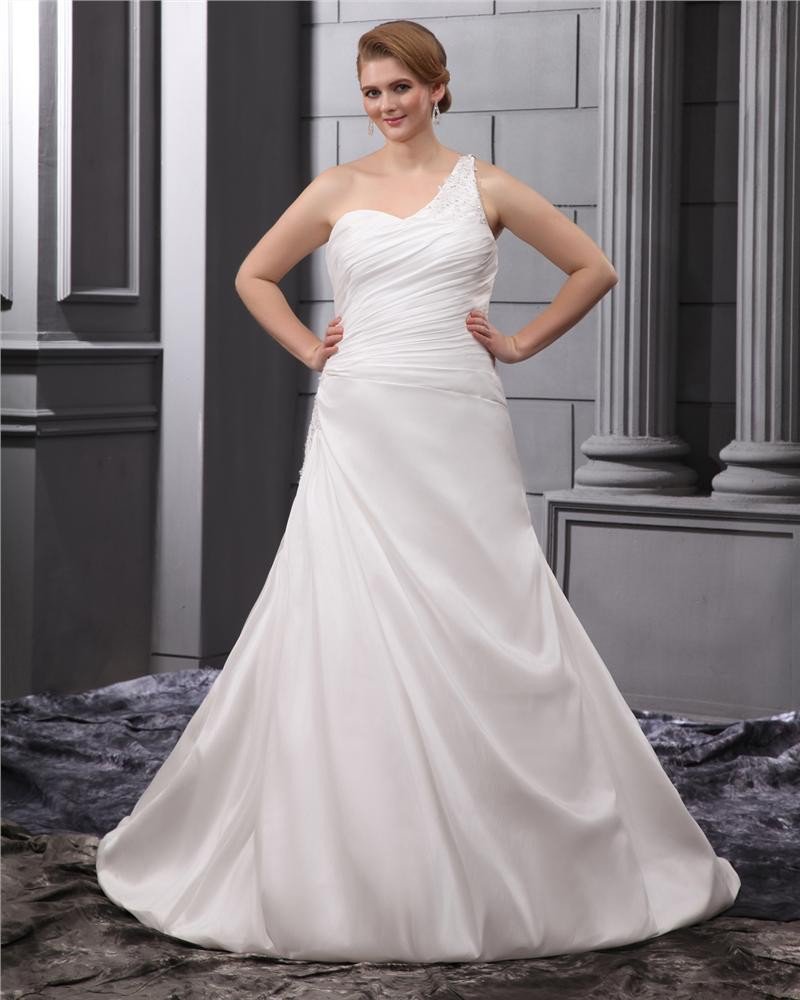 Satin One Shoulder Ruffle Chapel Plus Size Bridal Gown Wedding Dresses