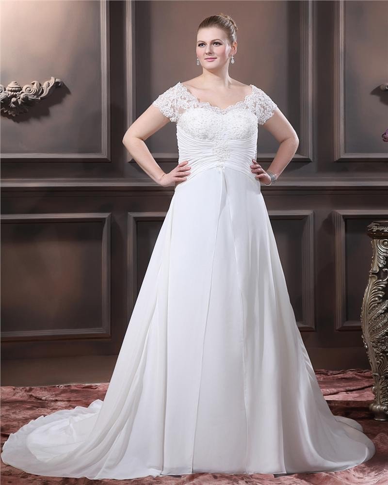 A-Line V Neck Short Sleeve Sweep Satin Organza Lace Plus Size Wedding Dress