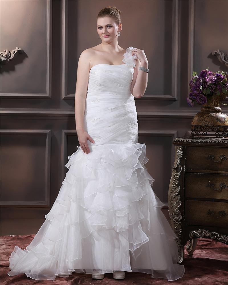 Organza One Shoulder Beading Sheath Sweep Plus Size Wedding Dresses