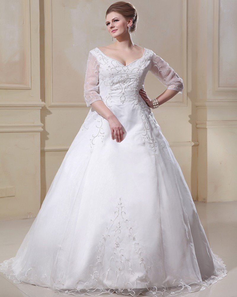 Organza Applique V Neck Chapel Plus Size Bridal Gown Wedding Dresses