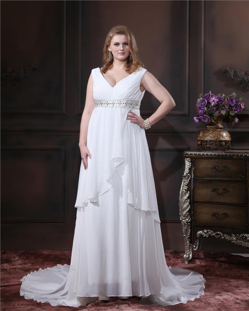 Plus Size V-Neck Chiffon Beading Chapel Train Floor Length Wedding Dresses
