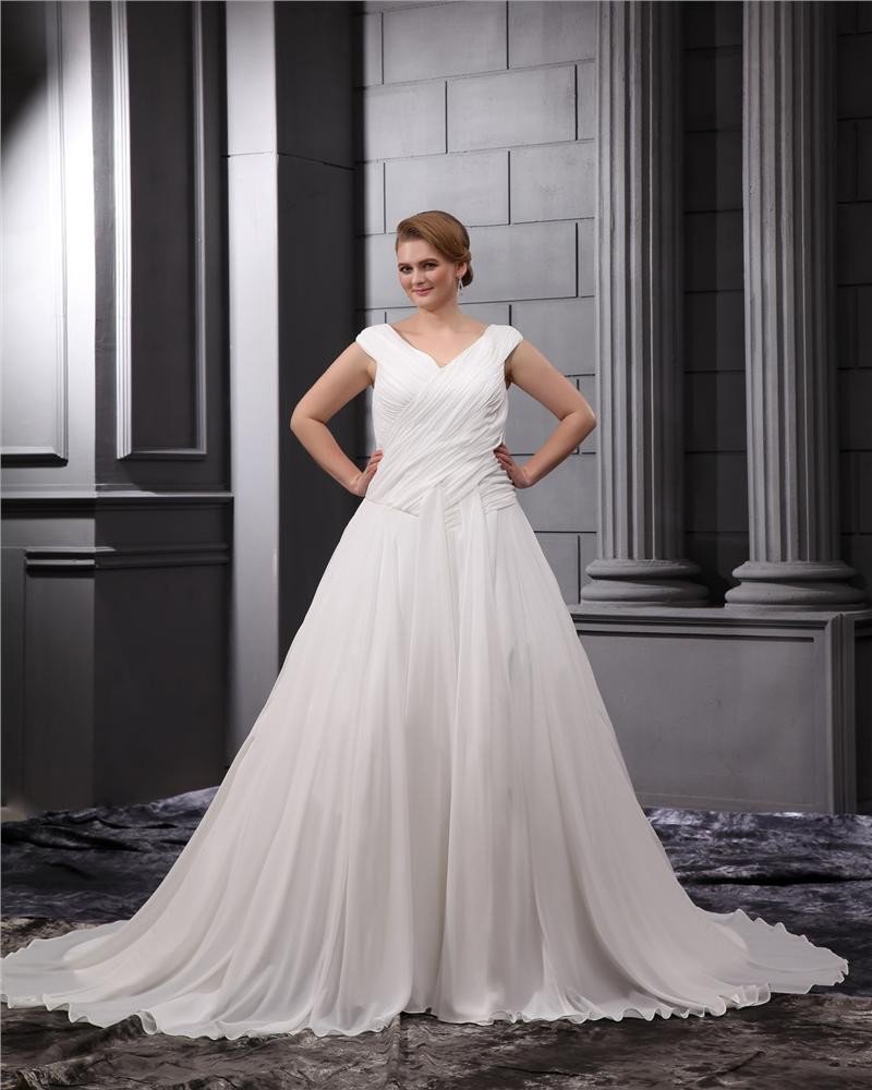 Chiffon Satin Ruffle V-Neck Court Plus Size Bridal Gown Wedding Dress