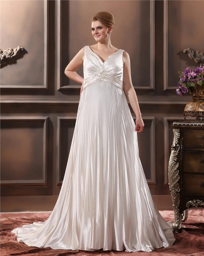 Charmeuse Beading Ruffle V Neck Chapel Plus Size Bridal Gown Wedding Dresses