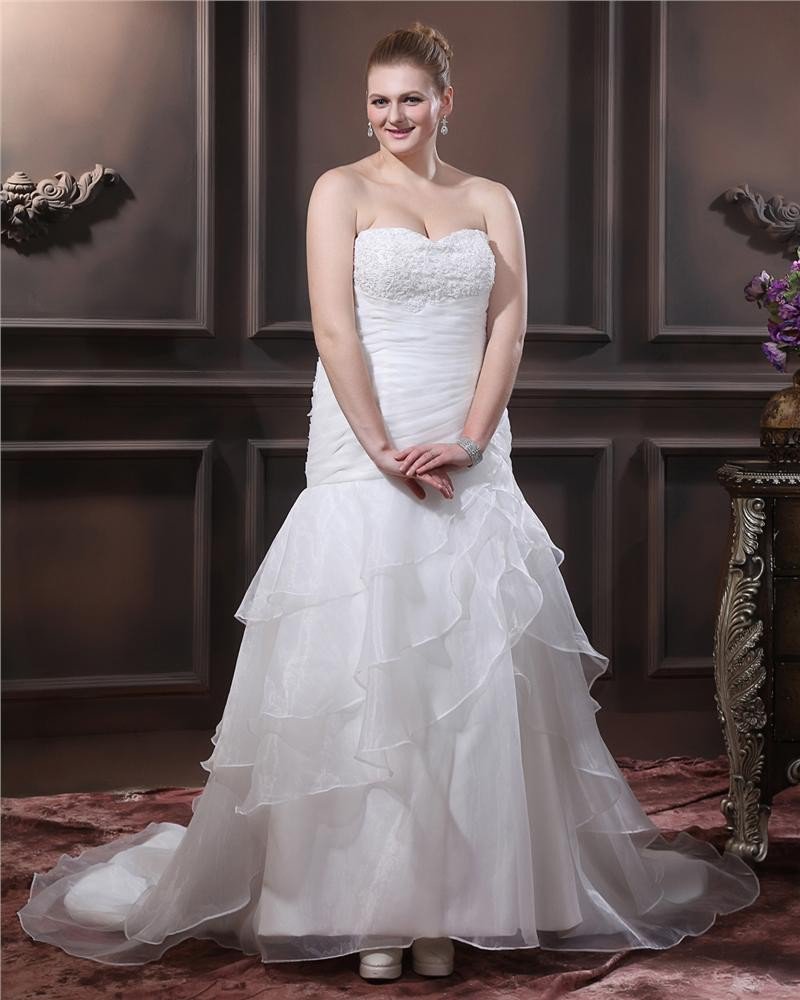 Organza Beading Pleat Sweetheart Chapel Train Plus Size Wedding Dresses