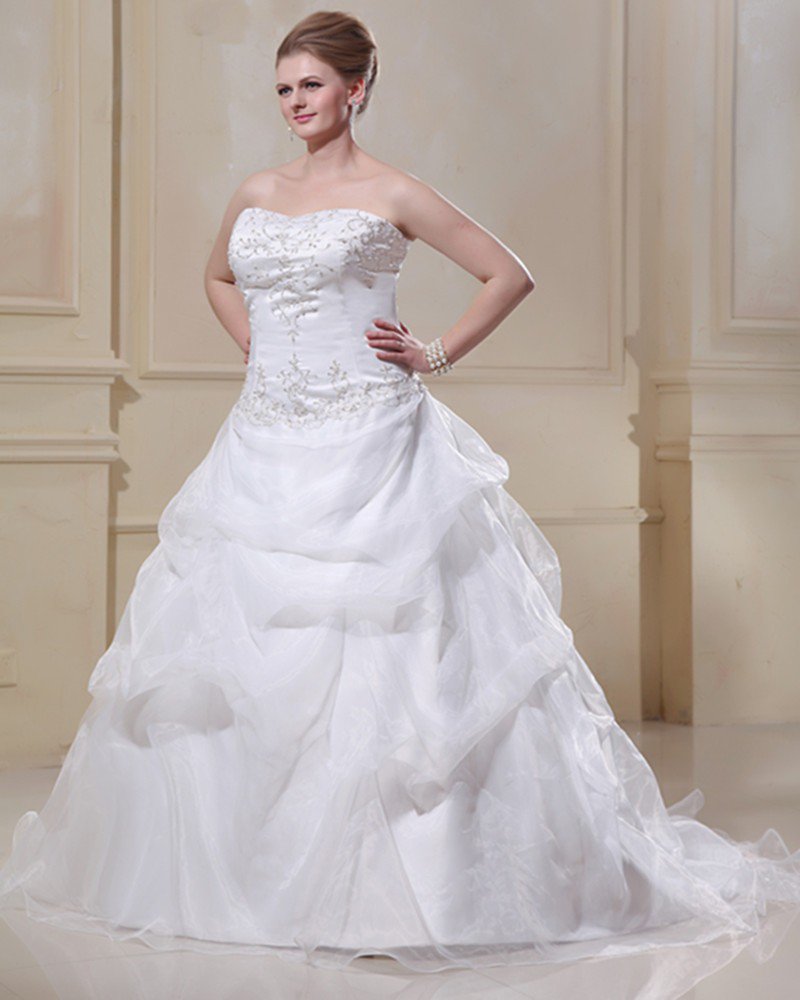 Taffeta Organza Beaded Embroidery Sweep Plus Size Bridal Gown Wedding Dress
