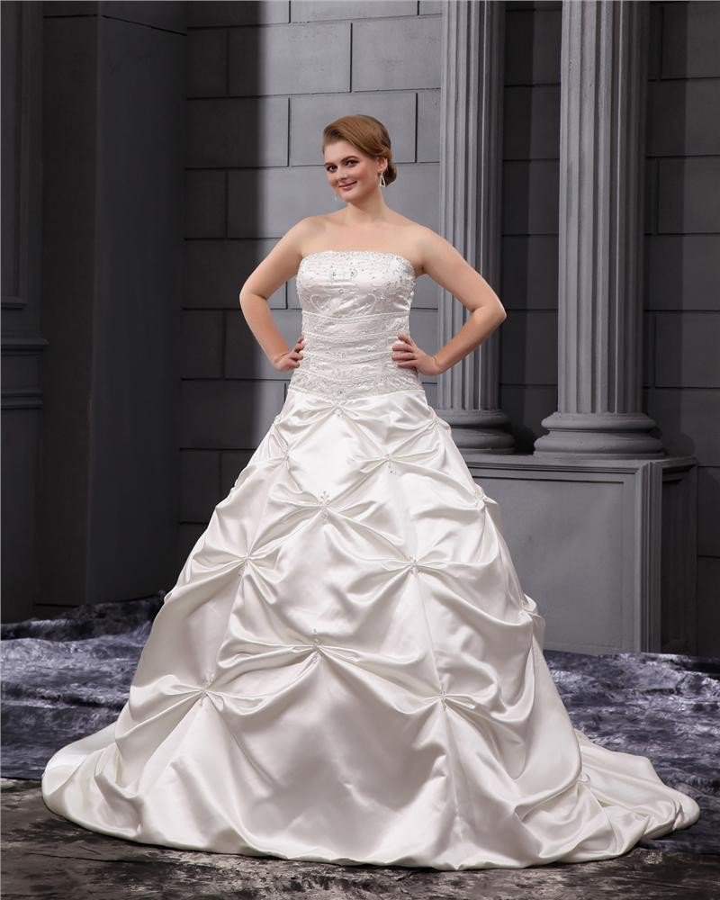 Satin Ruffles Applique Beads Strapless Plus Size Bridal Gown Wedding Dresses