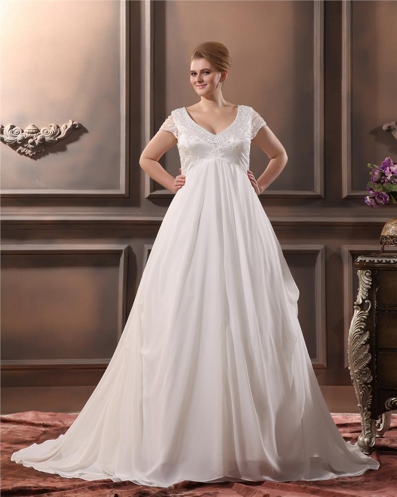 Yarn Beading V Neck Court Plus Size Bridal Gown Wedding Dress