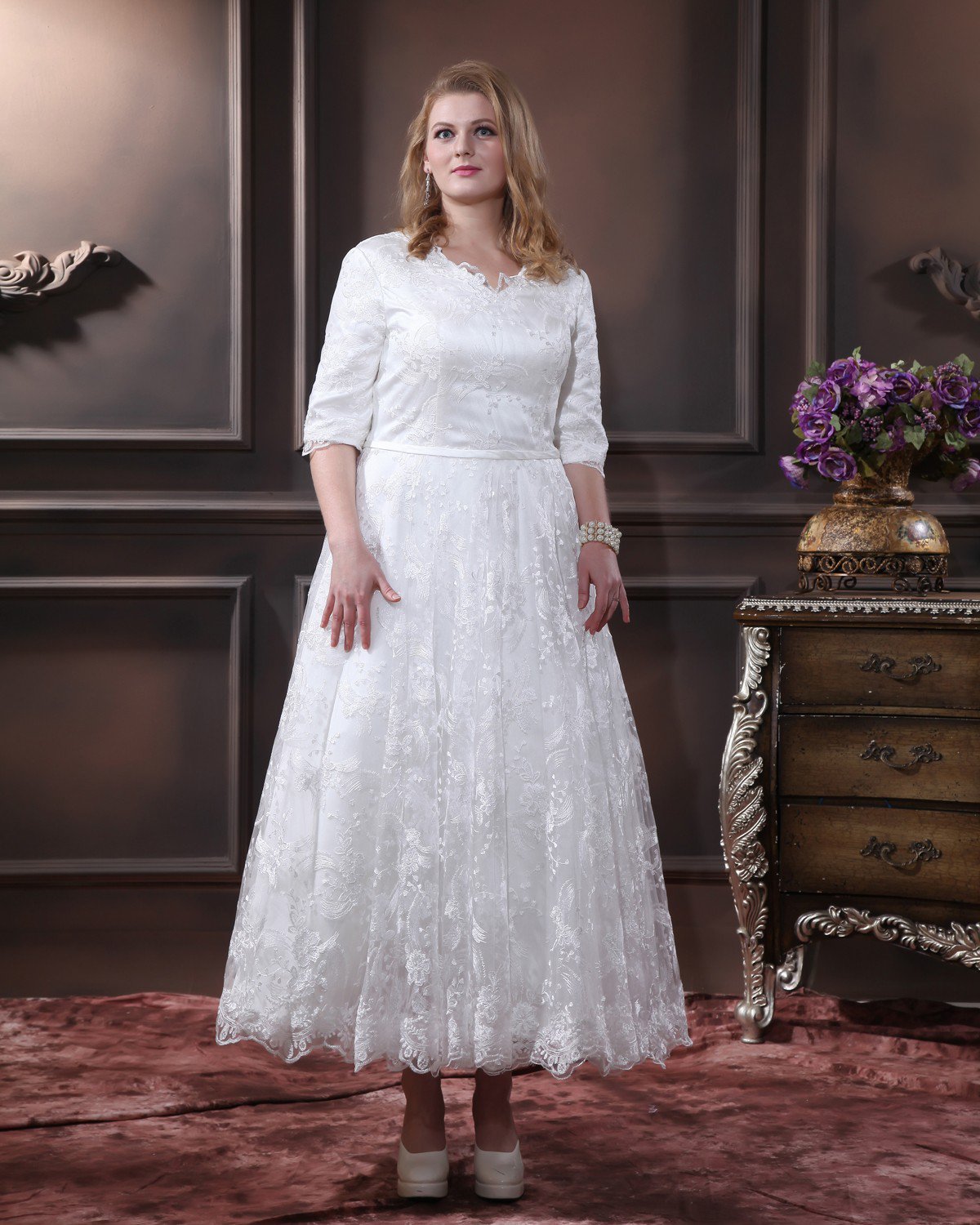 Lace V Neck Plus Size Bridal Gown Wedding Dresses